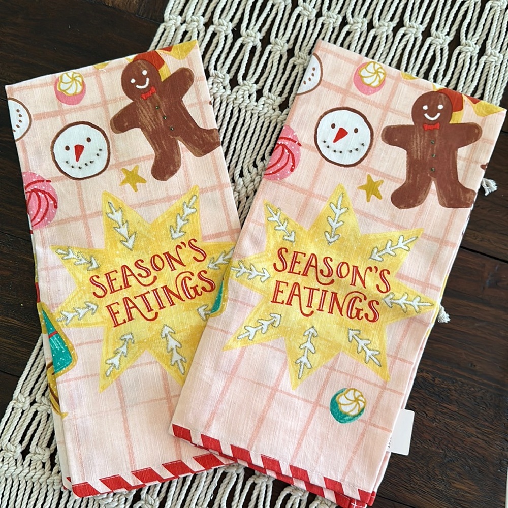 Anthropologie Christmas Season’s Eatings Gingerbread Man set of 2 Dish towels